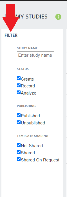 Filtering options on the 'My Studies' page
