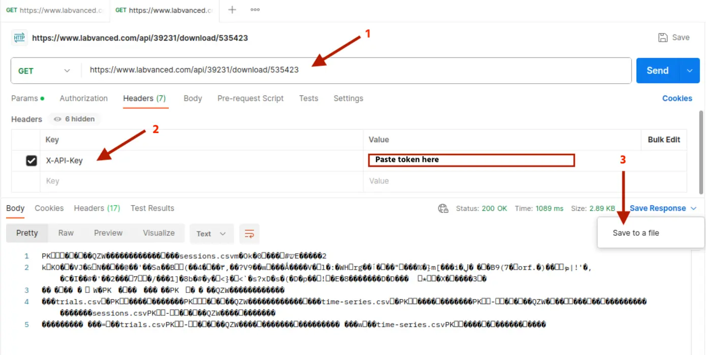 Demonstration of how file-based data appears in POSTMAN with the Labvanced REST API