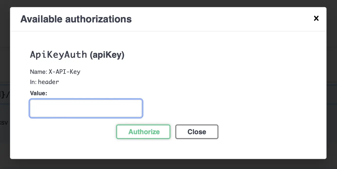Dialog box for inputting the REST API credentials