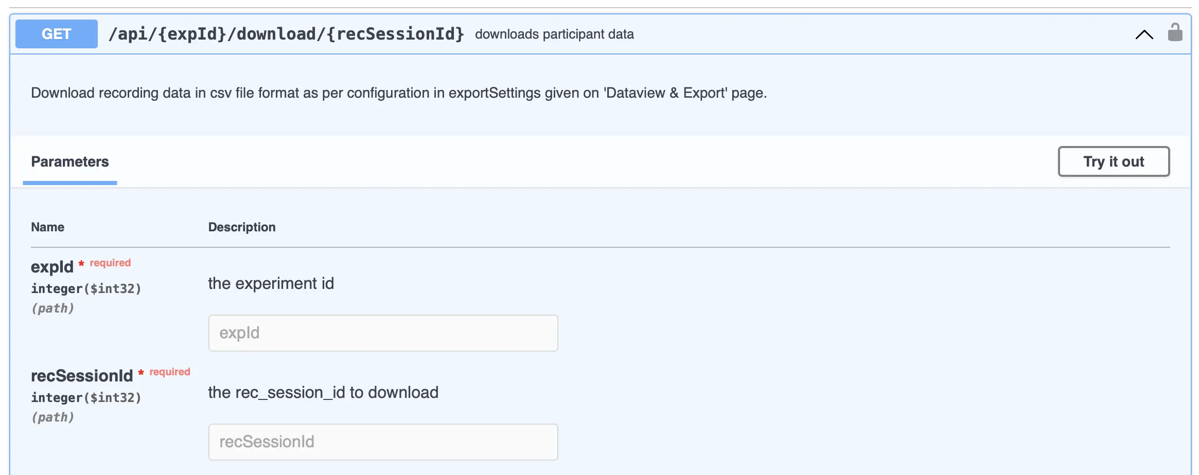 Dialog for specifying the experiment id and session numbers for fetching data via the REST API