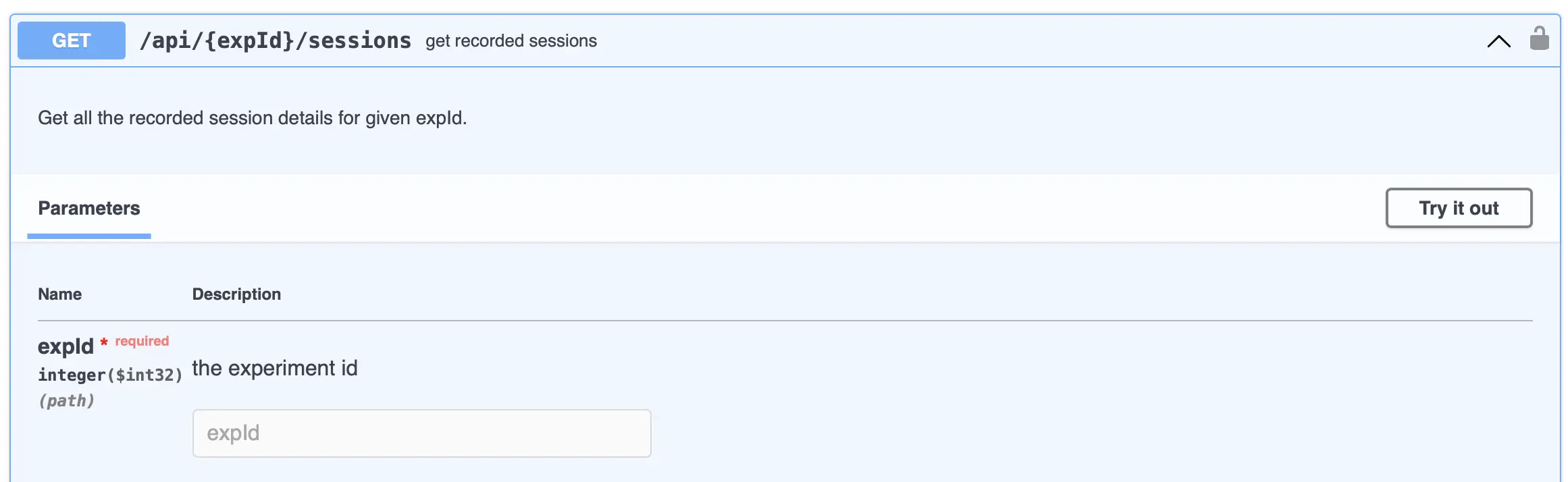 Dialog box for fetching experiment data with the REST API based on the session id