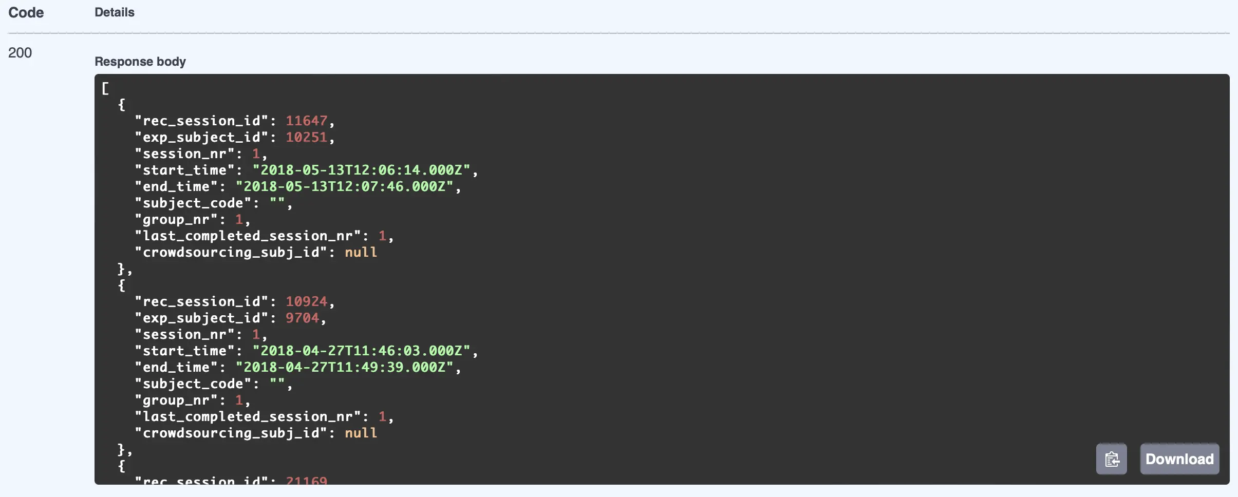 Example of session data generated using the REST API