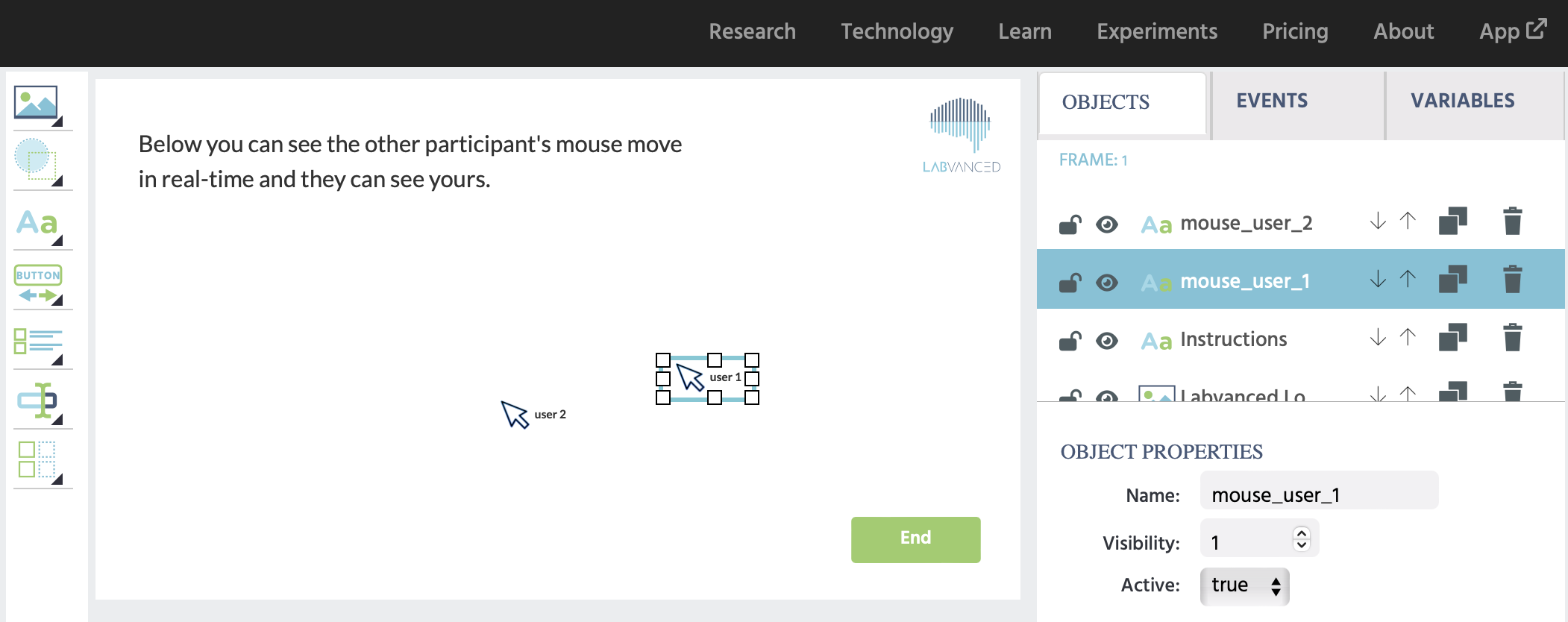 The cursor objects being added to the Labvanced editor for setting up a multi user study in Labvanced