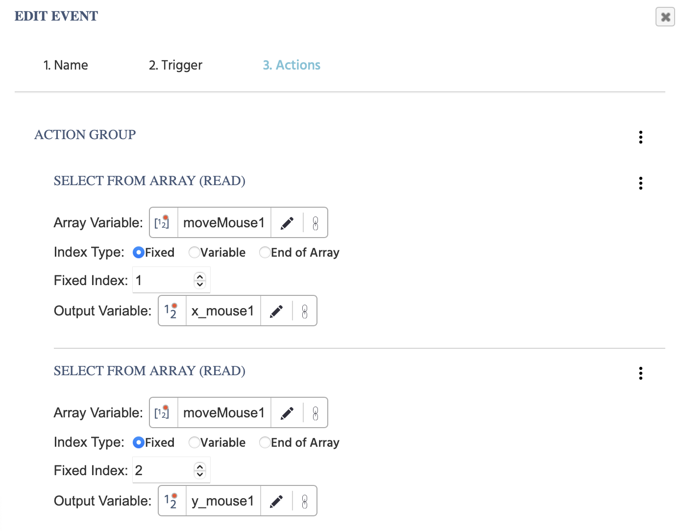 Set the mouse tracking array and save the individual values and storing them as variables with x- and y- values