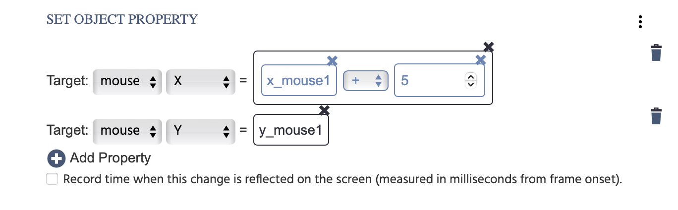 Set object property of participant one's mouse location to take on the mouse tracking values