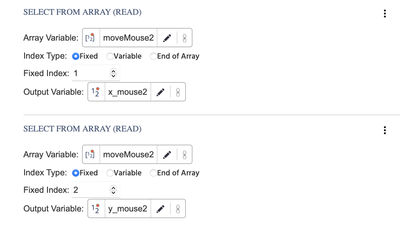 Taking the mouse tracking arrays of participant 2 and storing them as single variables for storing x- and y- values of each variable