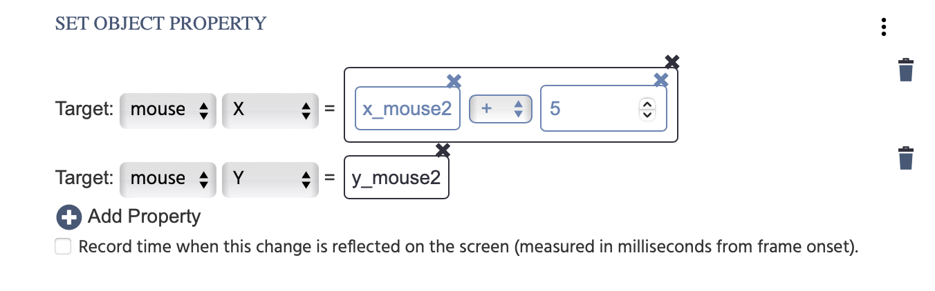 Using the x- and y-mouse tracking values to update the mouse cursor object to share the location of the mouse cursor location in the multiparticipant study