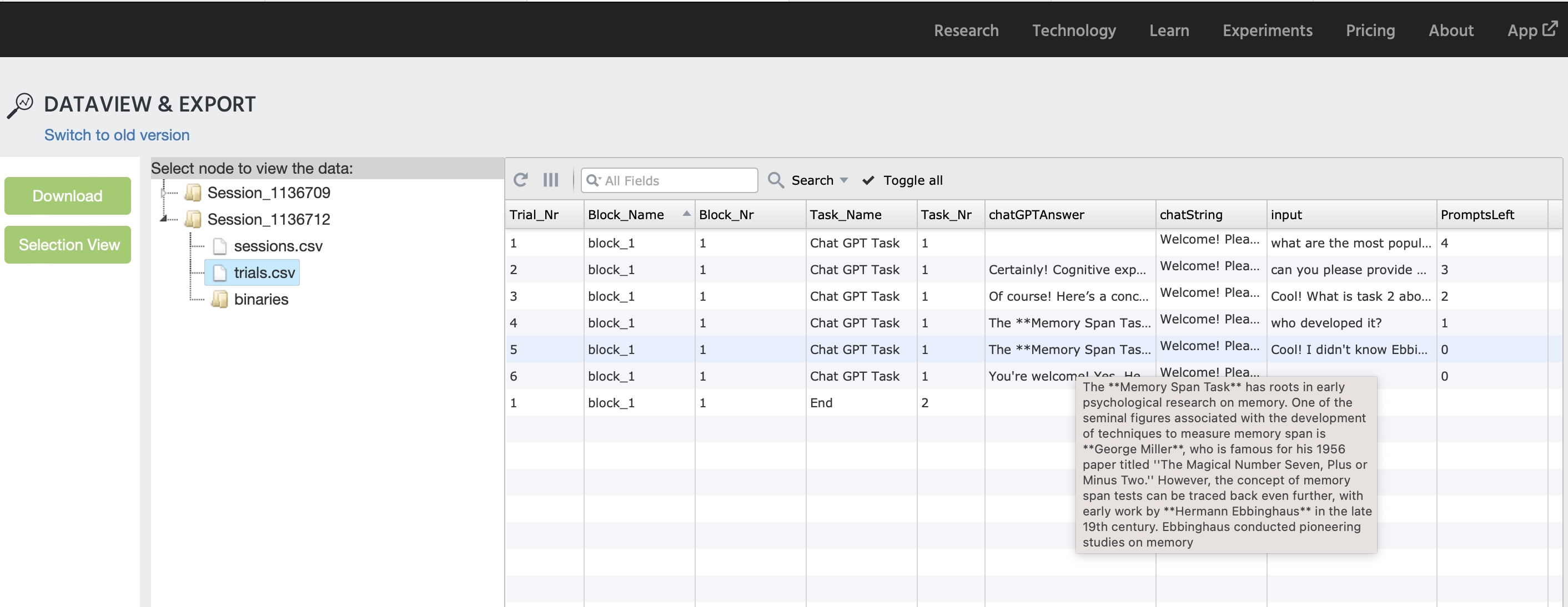 View of the Dataview and Export tab where the data recorded for each variable of the ChatGPT study is displayed.