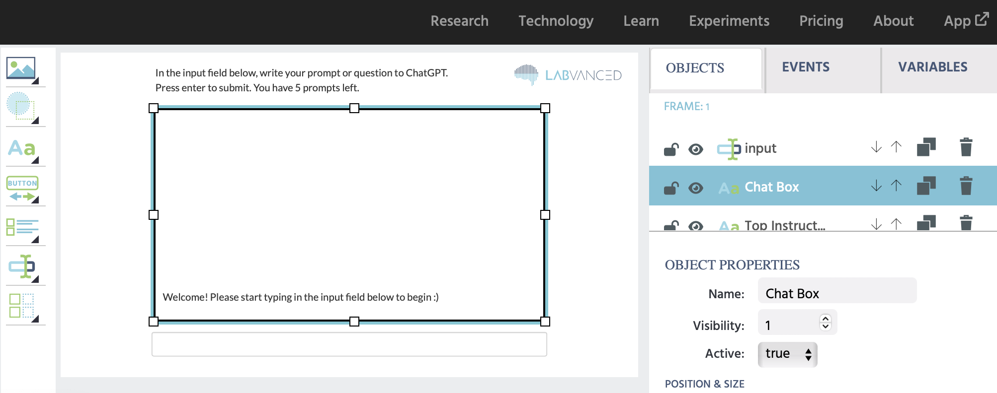 View of the objects on the canvas frame for the ChatGPT study