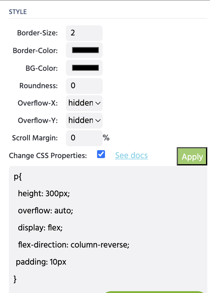 The object properties in the side menu for inputting code to create a chat like effect.