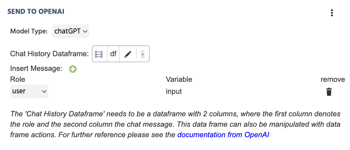 Send to OpenAI action which utilizes an API to send what the participant wrote