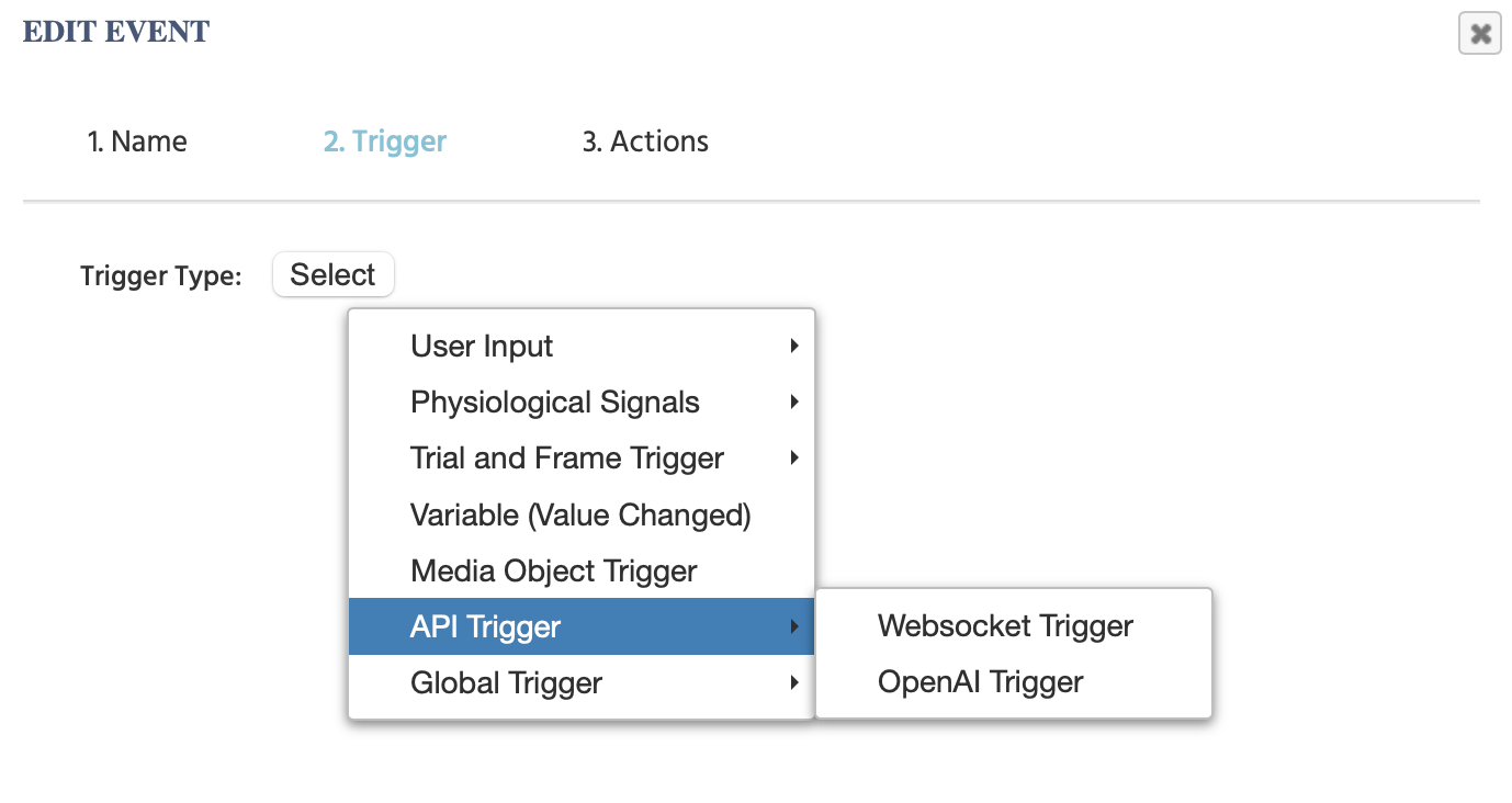 The API trigger menu in Labvanced.