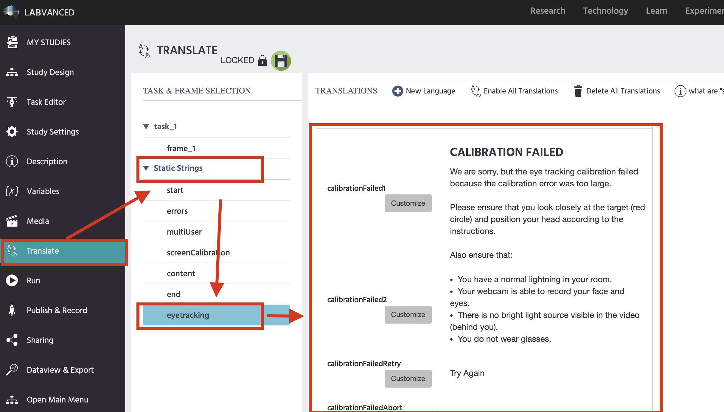 Editing the calibration instructions in Labvanced