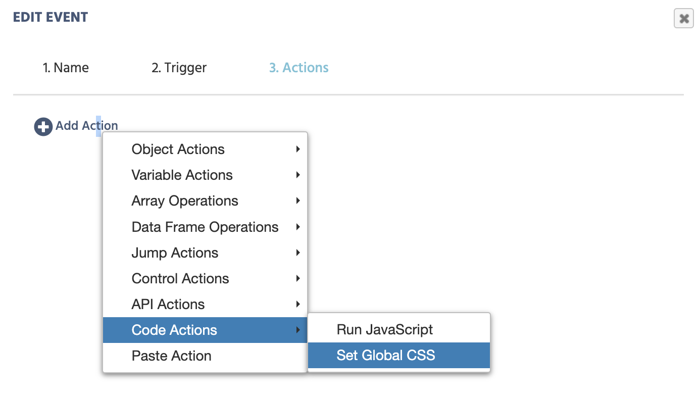 The Set Global CSS Action in the Labvanced action menu.