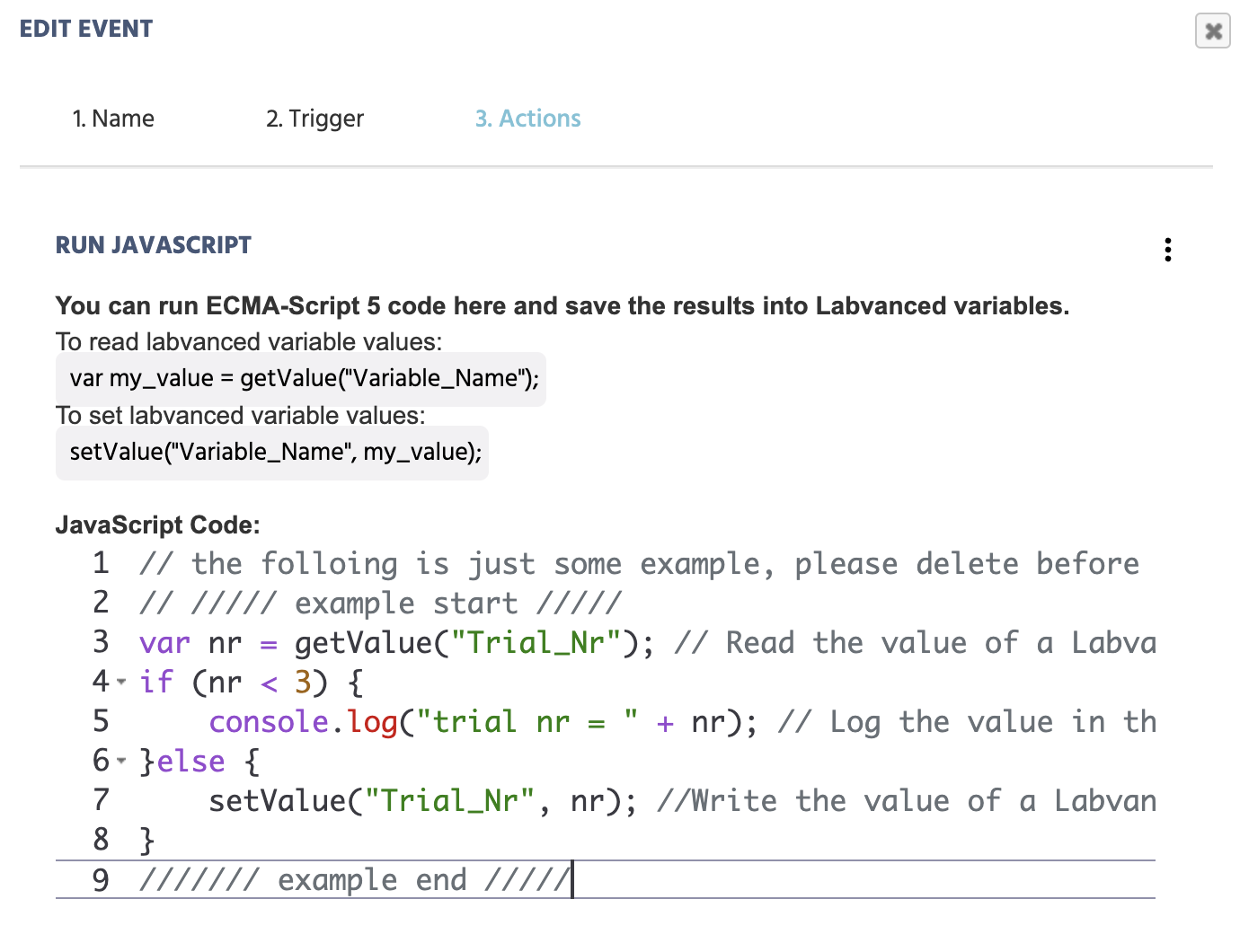 The JavaScript code editor in Labvanced.