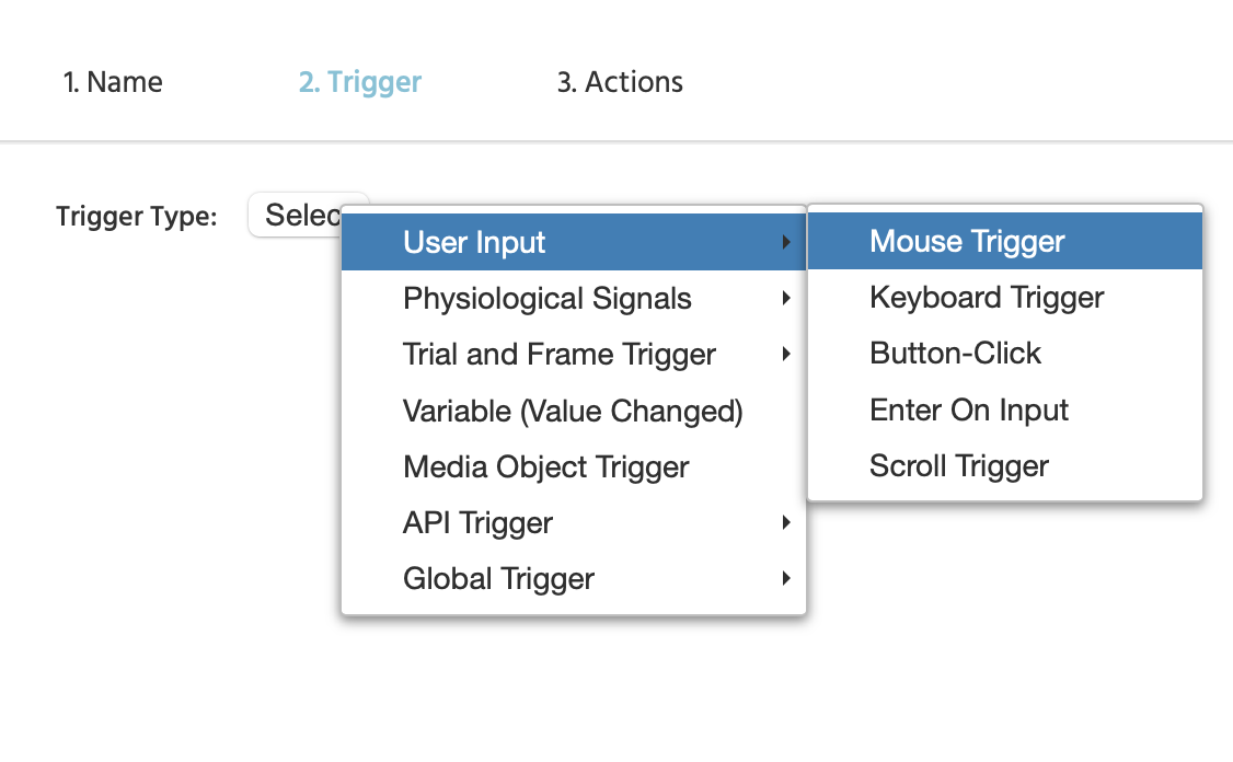 The 'mouse trigger menu' option within the input trigger menu in Labvanced.