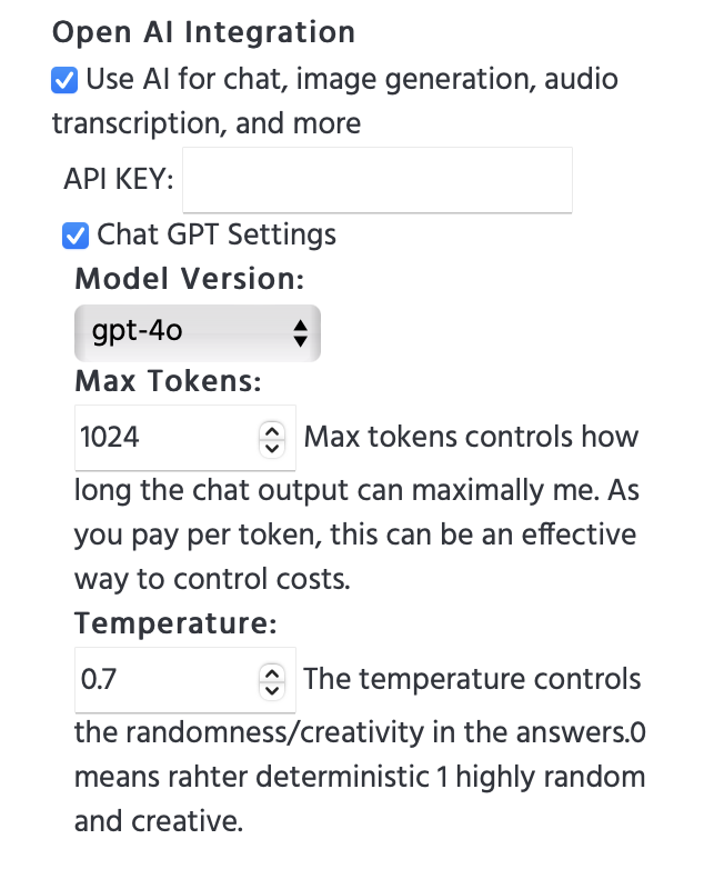 Settings for utilizing the OpenAI feature in Labvanced