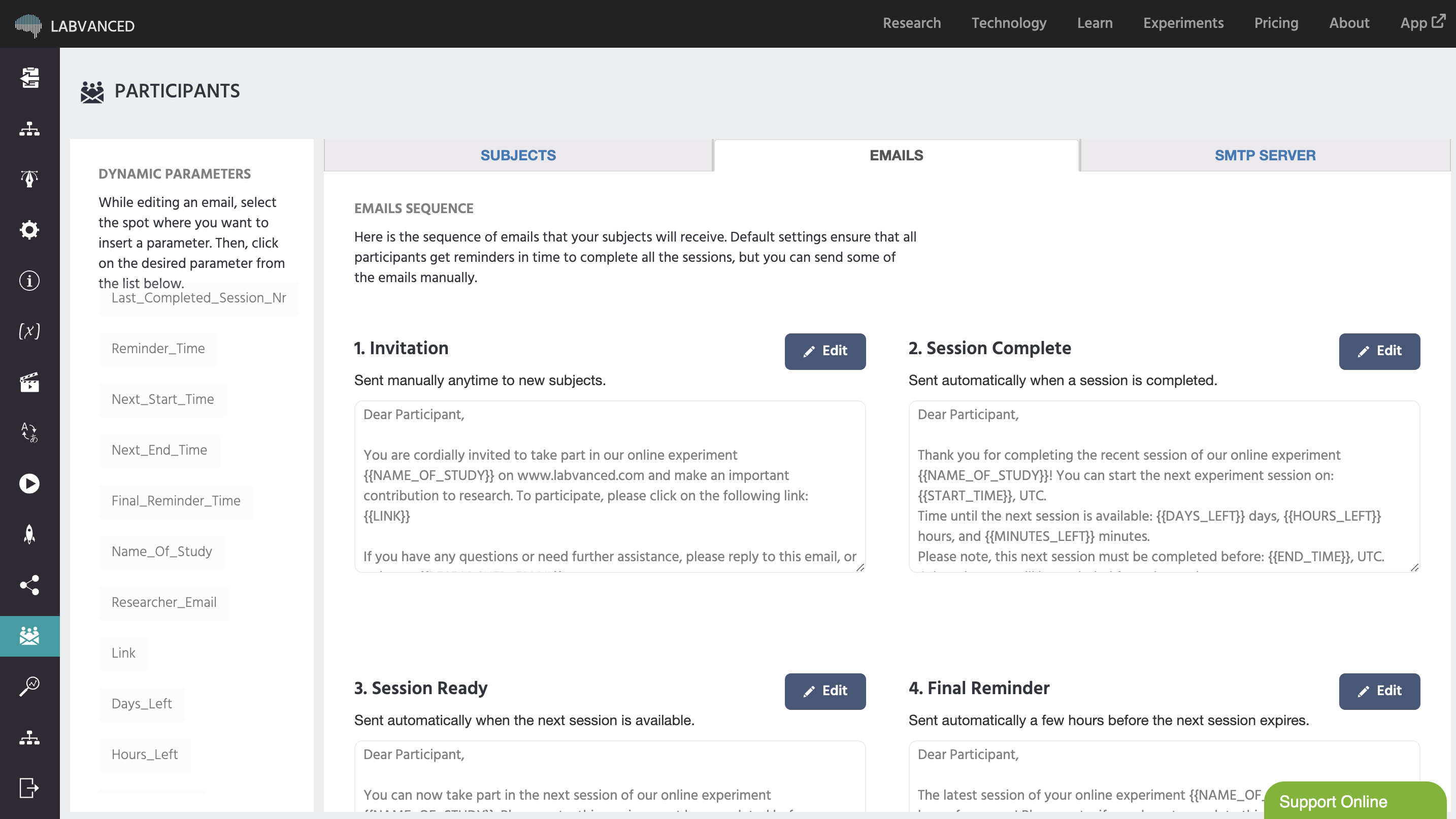 The ‘Email’ panel where you can edit the templates for communicating with your study subjects taking part in your research. 