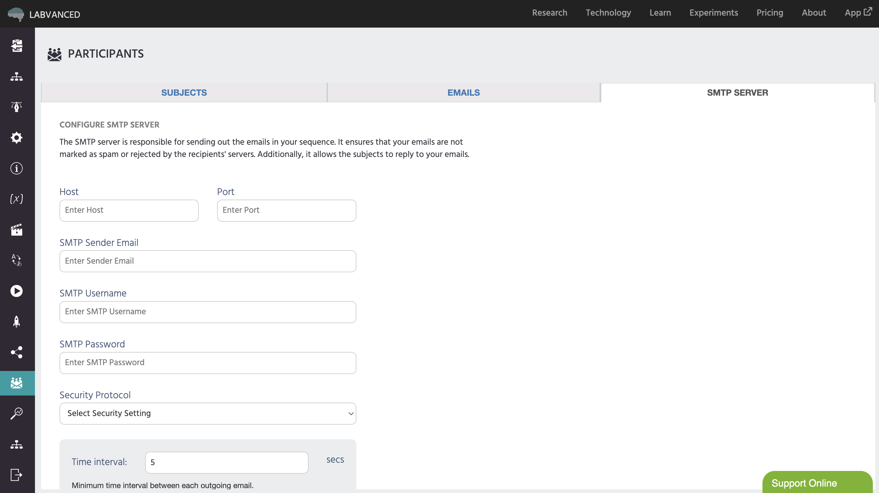 The SMTP Server panel is where you set up a connection so that your subjects in your experiments can receive emails from you.