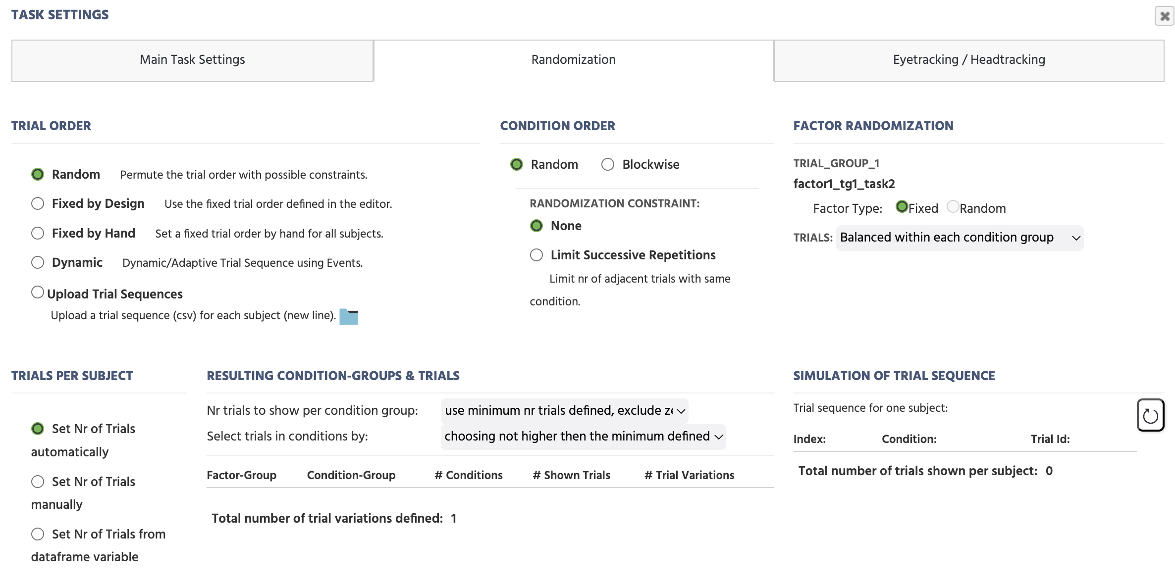 Randomization settings options