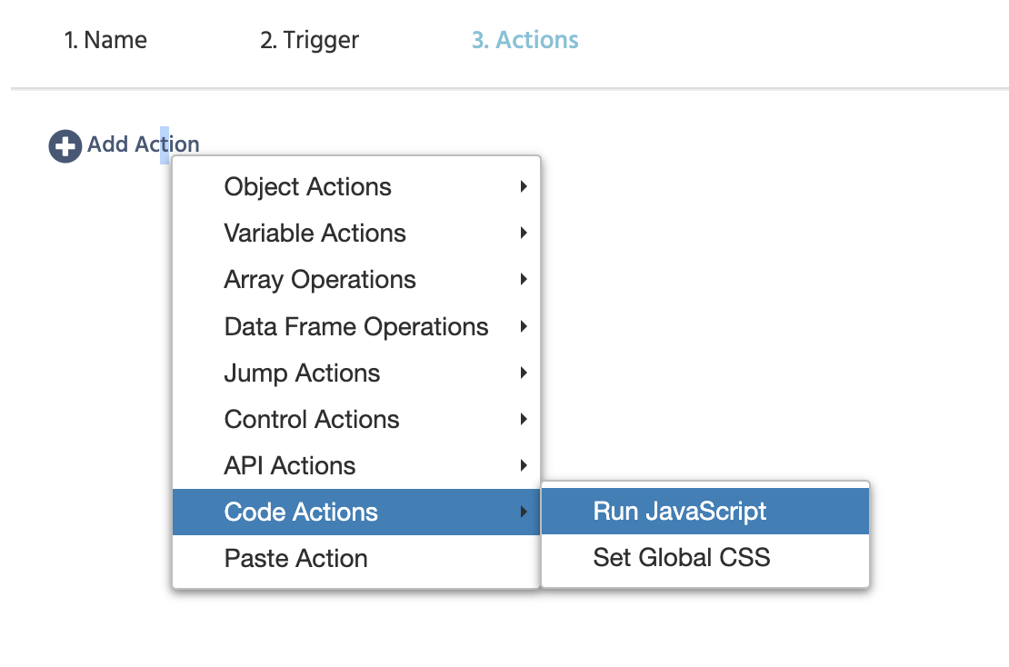 The Run JavaScript Action in the Labvanced action menu.