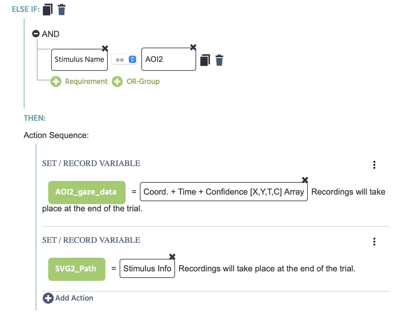 Specifying that when the gaze is on AOI2 then the gaze array coordinates and the SVG path are recorded.