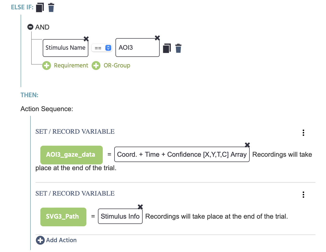 Specifying that when the gaze is on AOI3 then the gaze array coordinates and the SVG path are recorded.