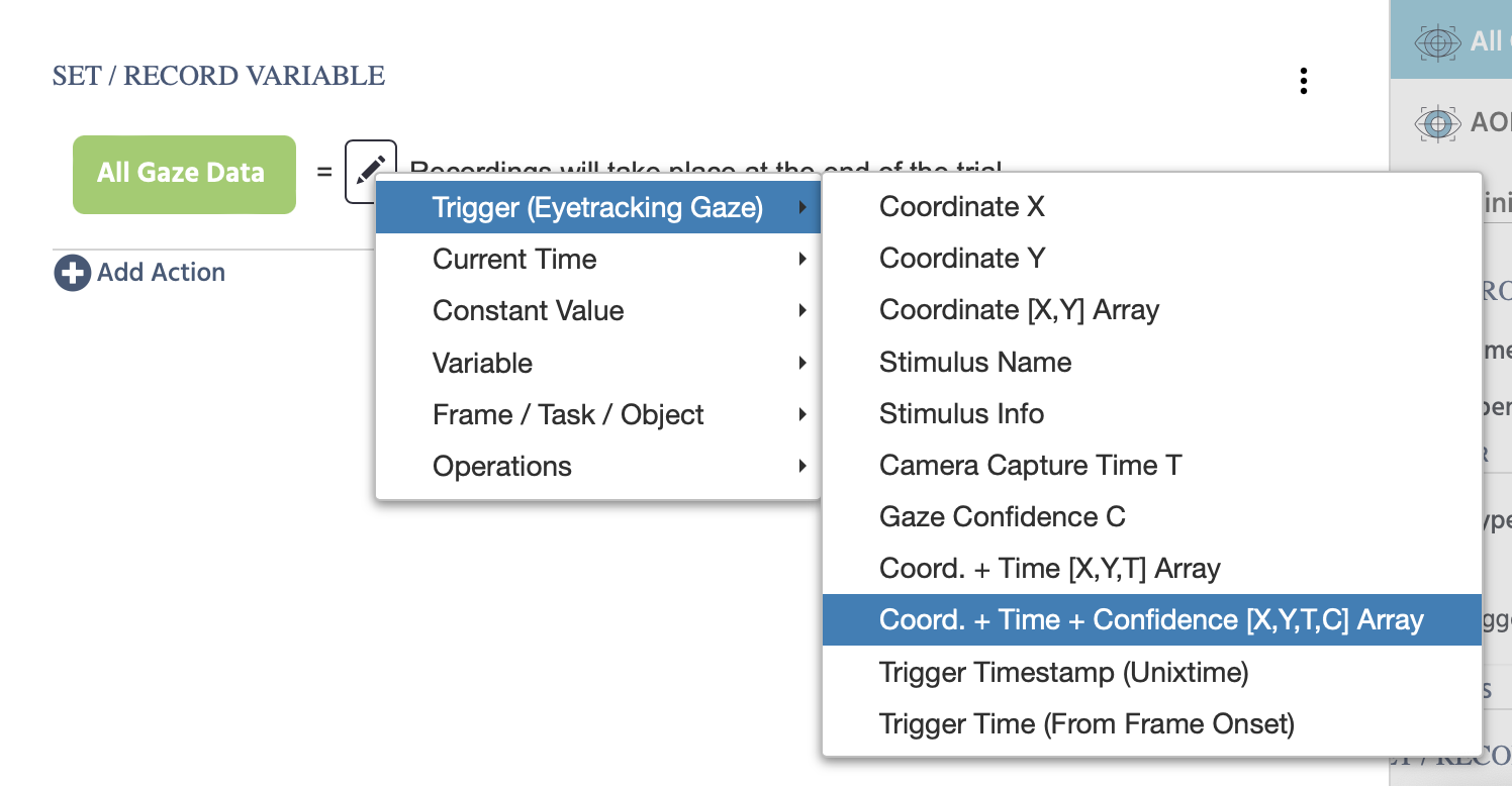 Selecting which eye tracking data values should be recorded