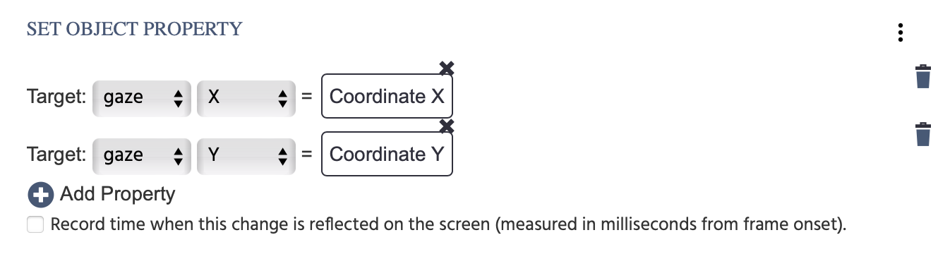 Setting the object property to take on the gaze coordinates in order to provide visual feedback of where the gaze is in real-time.