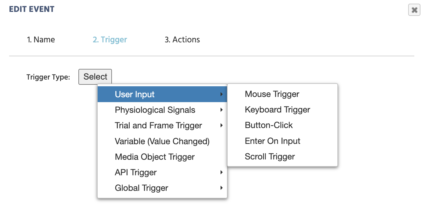  The 'user input trigger menu' in Labvnaced