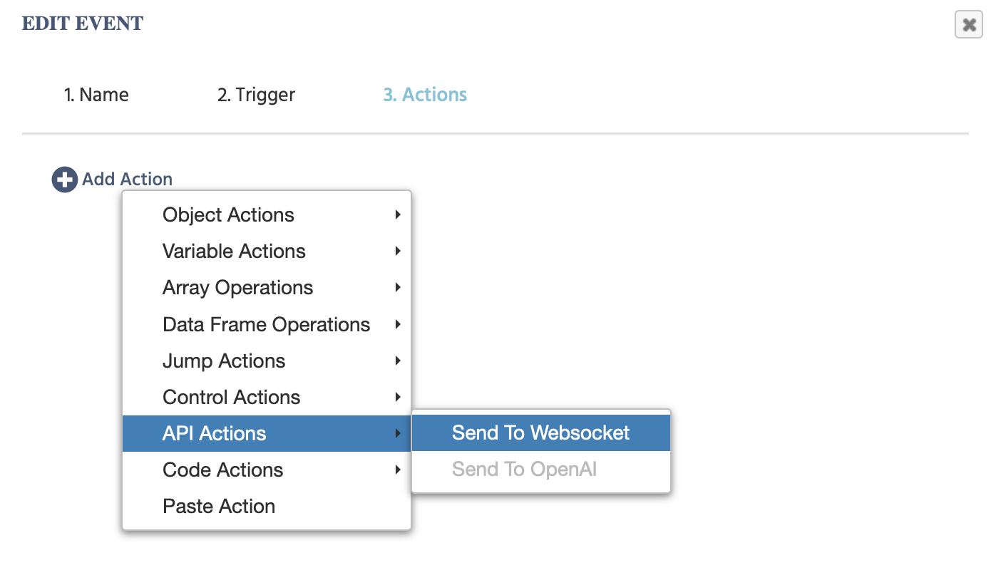 The Send to Websocket Action in the Labvanced action menu.