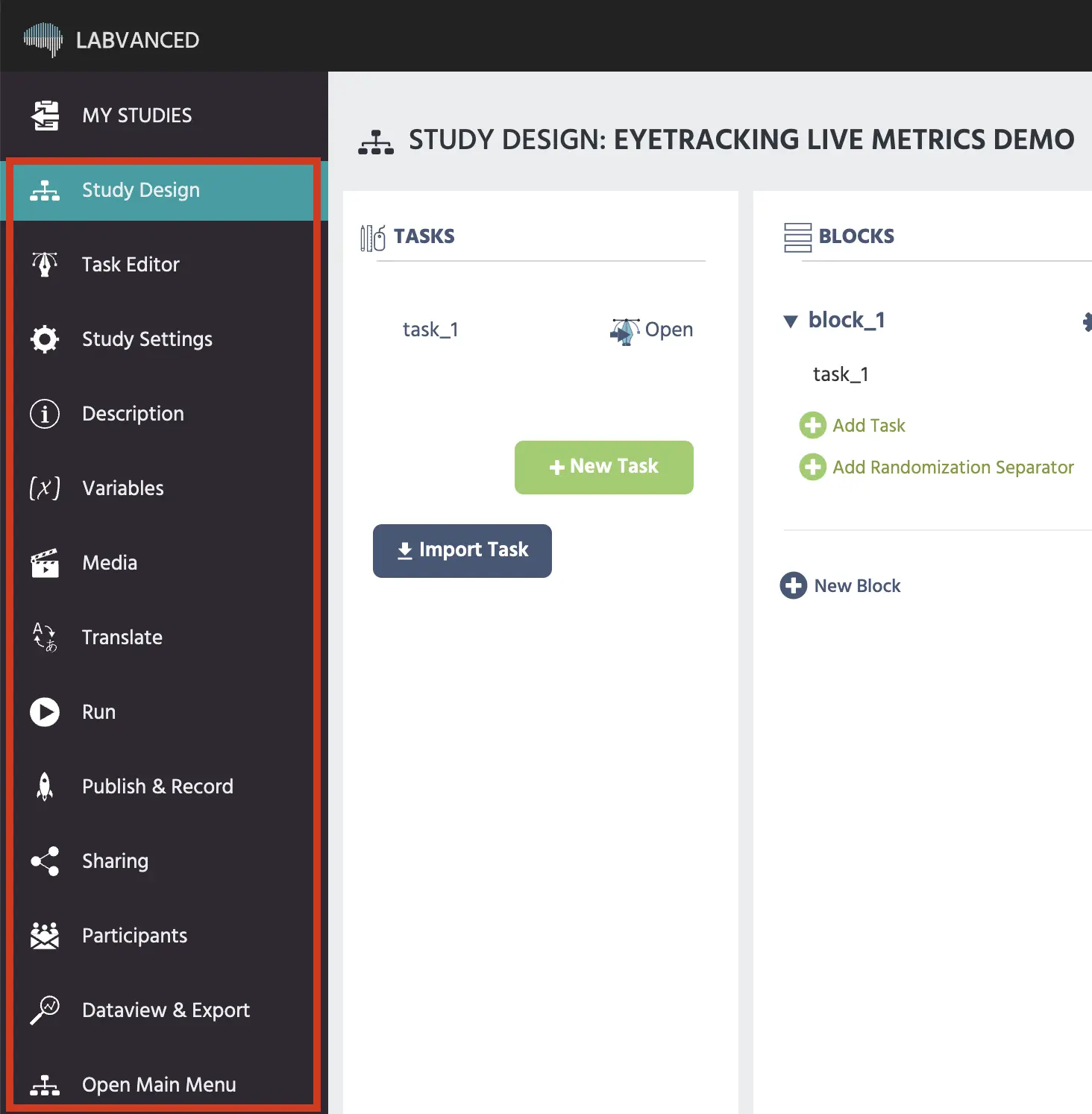 The main view of the Labvanced app upon logging in with the Main App Tabs located on the left in the black side bar.