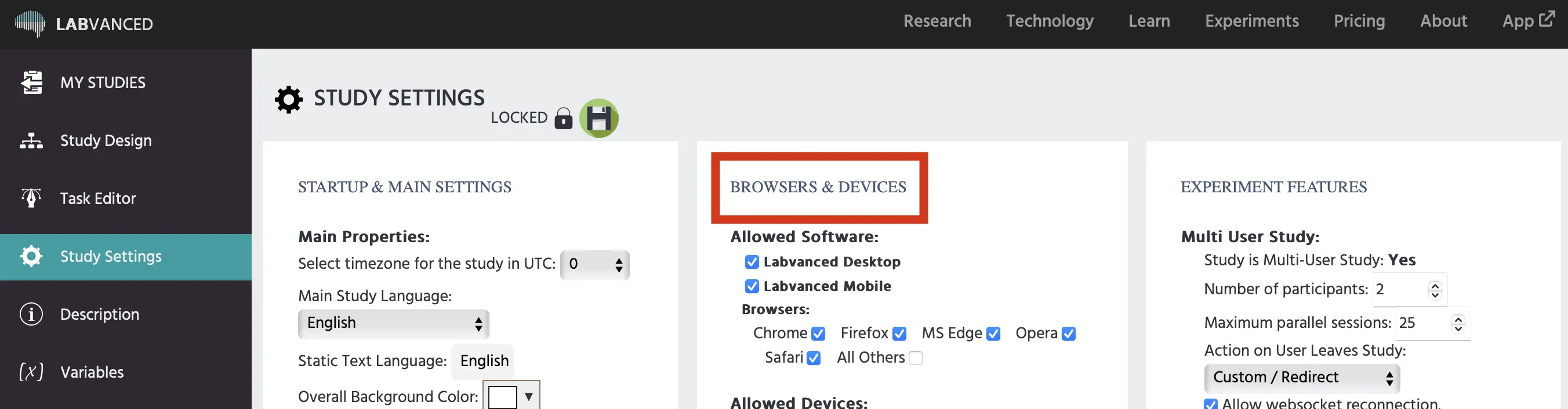 The settings panel for browsers and devices panel in Labvanced