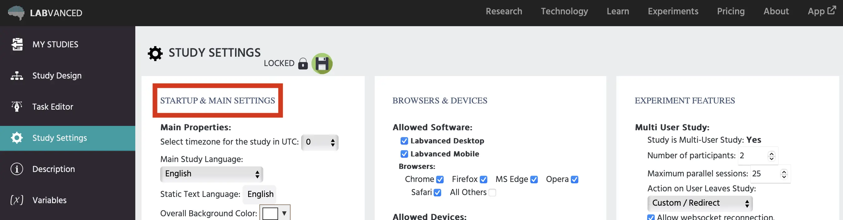 Das Einstellungsfeld für die Startup- und Haupteinstellungen in Labvanced