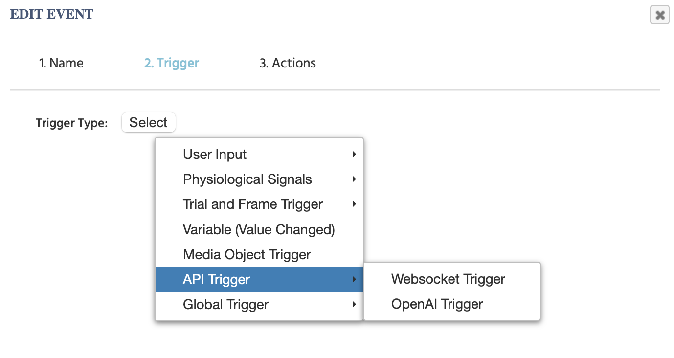 Le menu des déclencheurs API dans Labvanced.