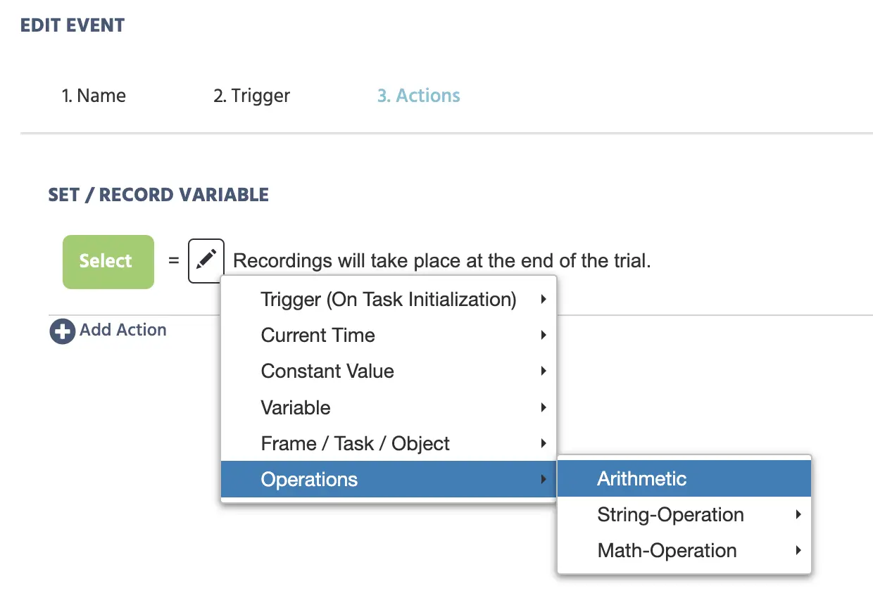 El menú de Aritmética en Labvanced.