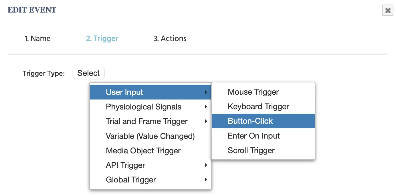 El menú de clic en botón en Labvanced