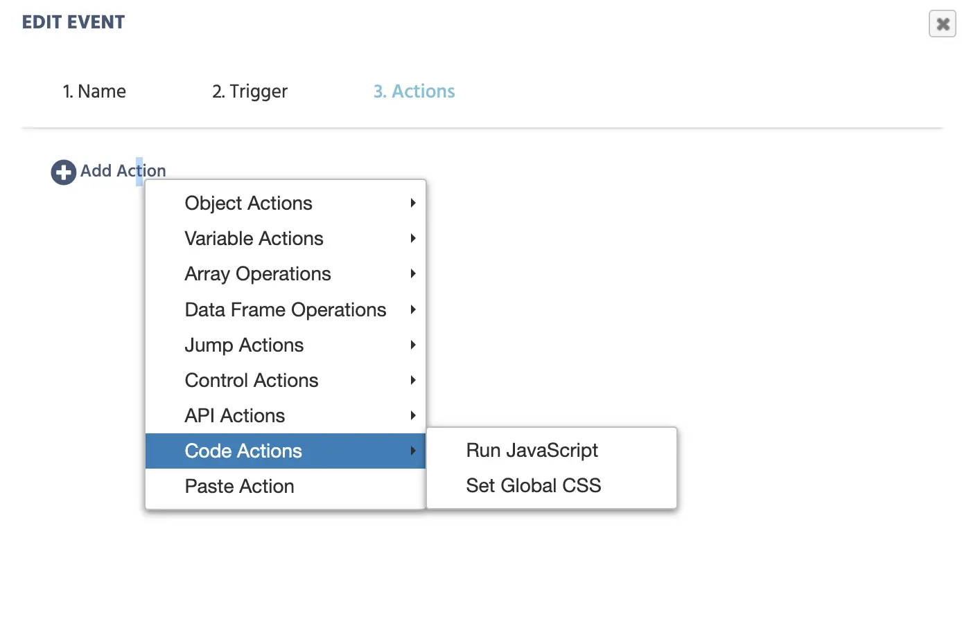 Las Acciones de Código en el menú de acciones de Labvanced.