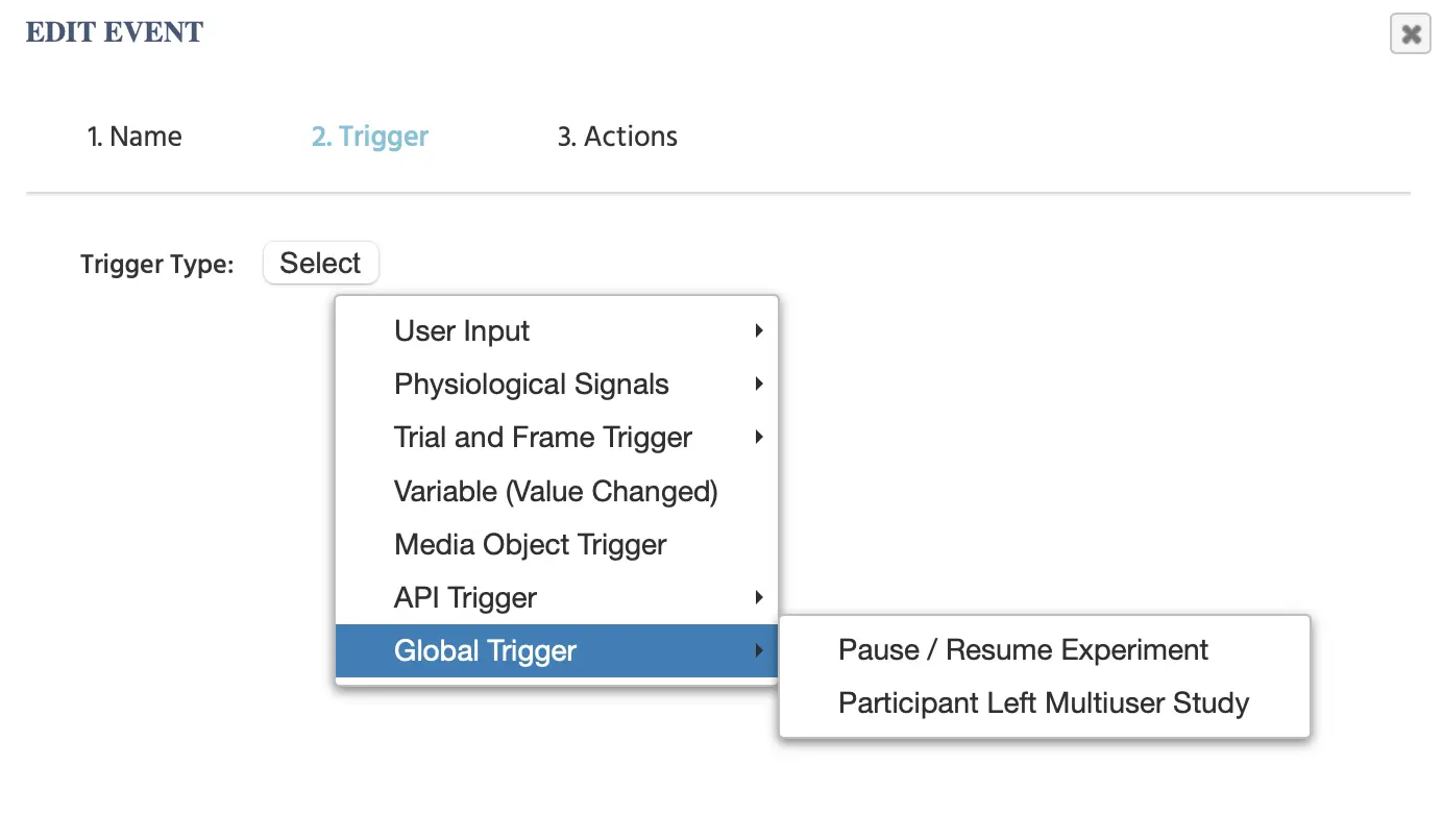 El menú de disparadores globales en Labvanced.