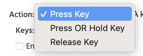 Lista desplegable de acciones de teclas
