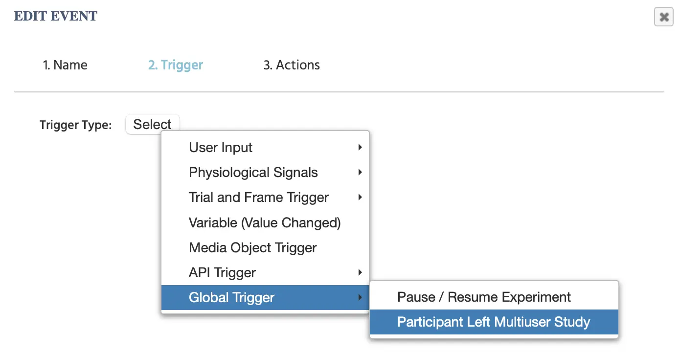 La opción Participante Abandonó el Estudio Multiusuario como un disparador en Labvanced