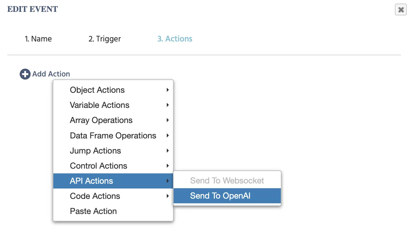 La Acción Enviar a OpenAI en el menú de acciones de Labvanced.