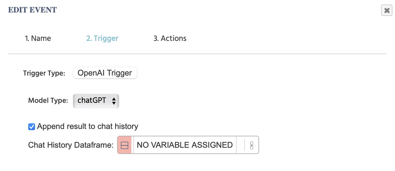 Las opciones del menú de disparador de OpenAI.