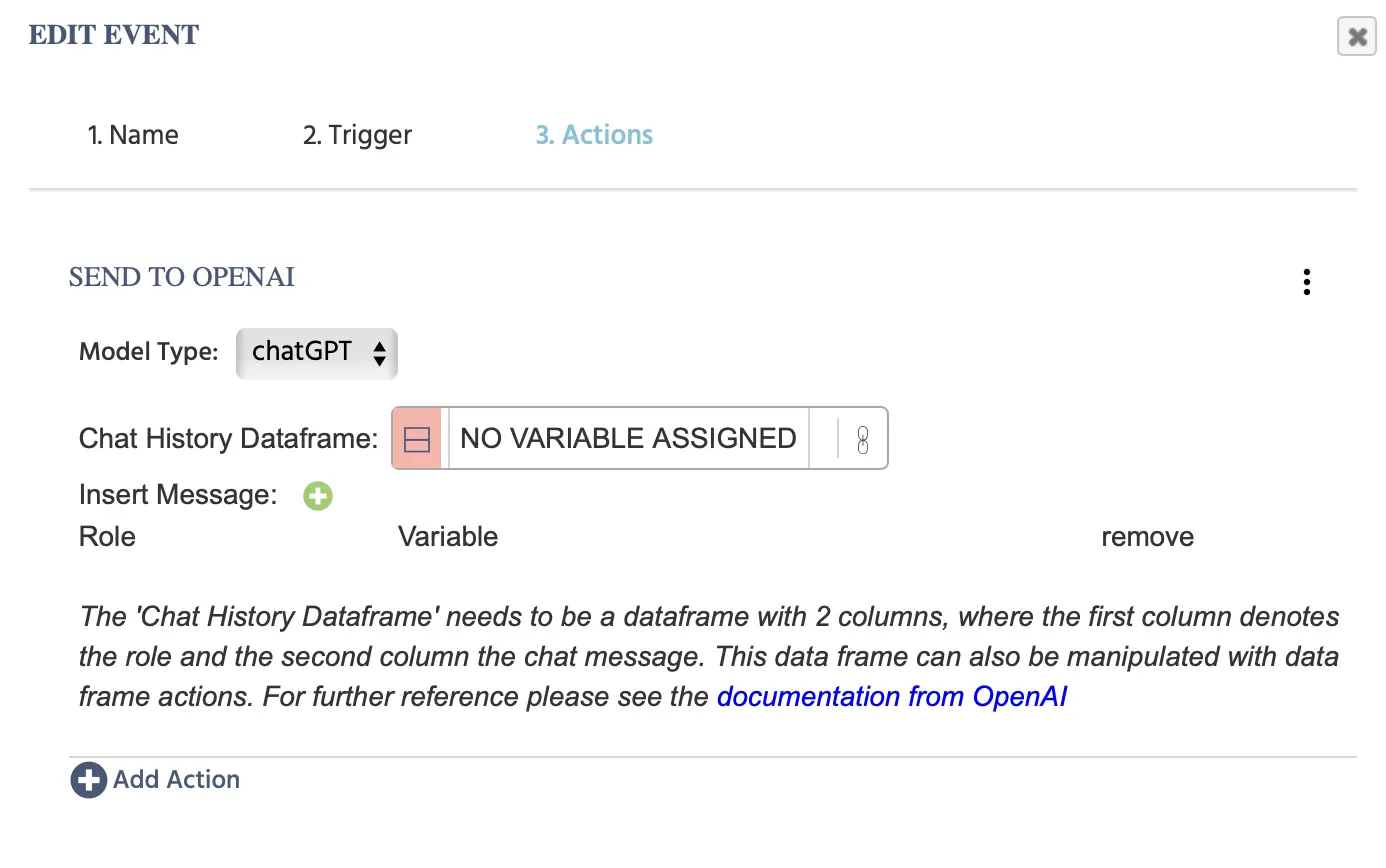Opciones para la acción Enviar a OpenAI.