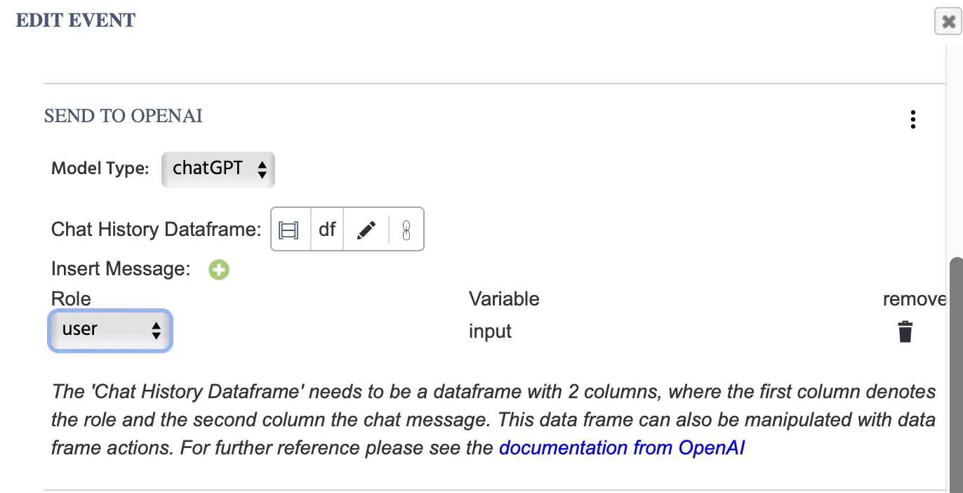 Ejemplo de la acción Enviar a OpenAI utilizándose.