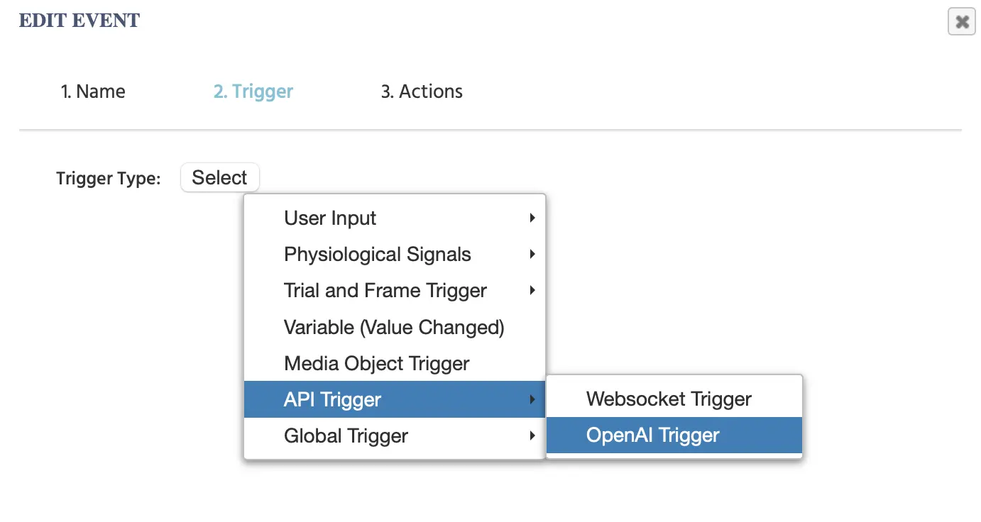 El menú de Disparador de OpenAI en Labvanced.