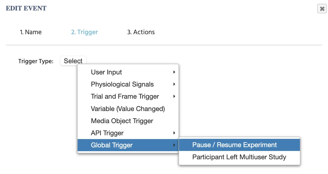 La opción de utilizar una pausa en el experimento como un disparador.