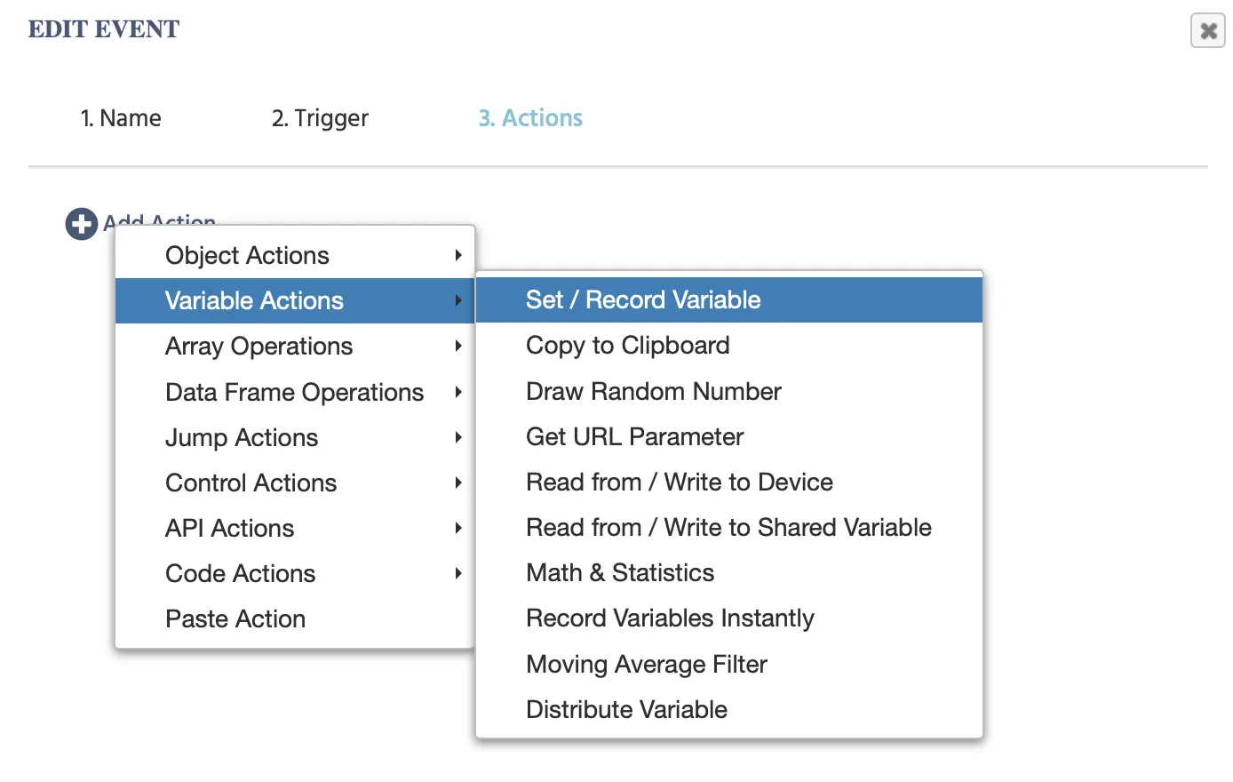 Ubicación de la acción de establecer/grabar variable en el sistema de eventos