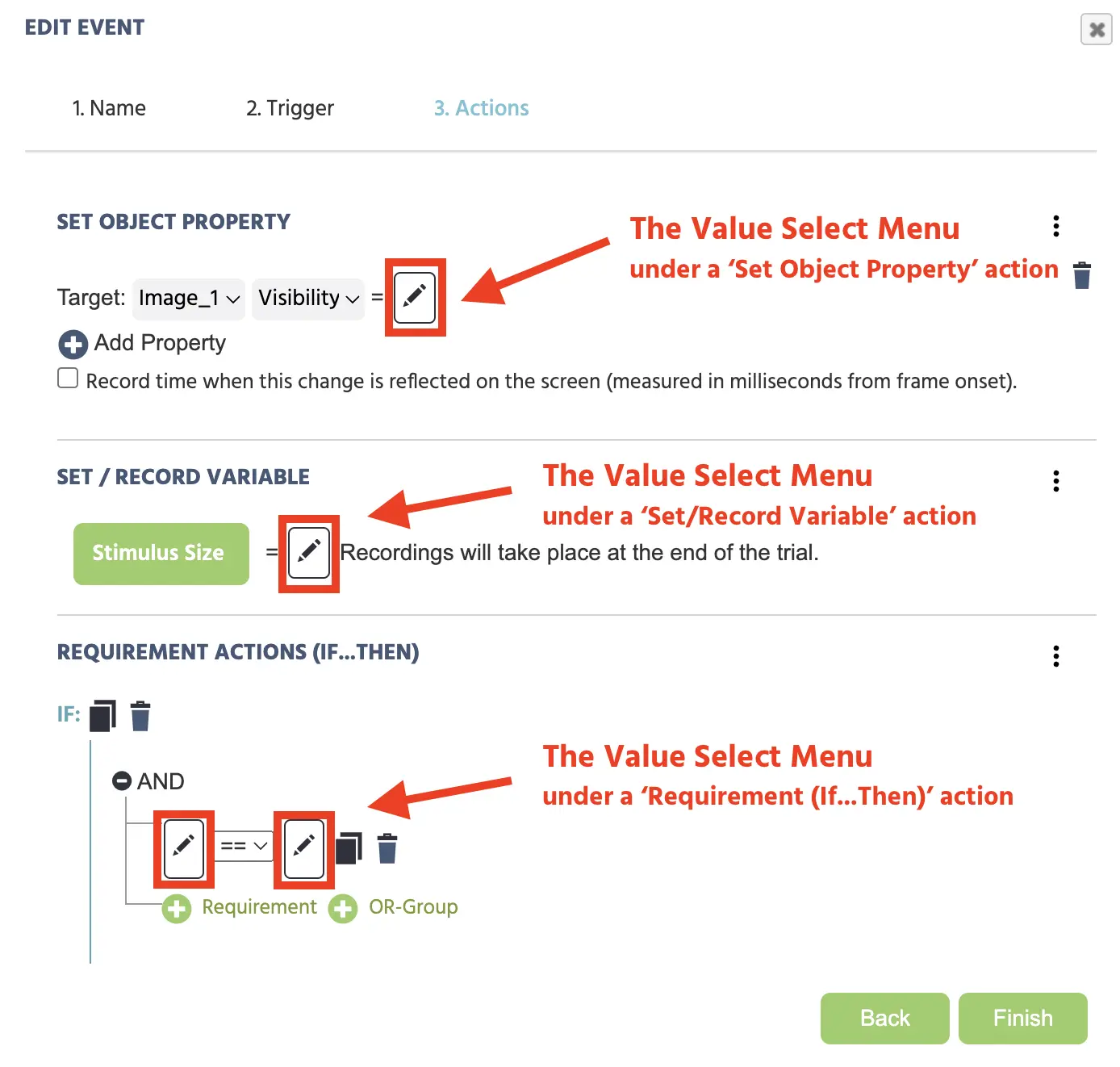 La ubicación de selección de valores en Labvanced.
