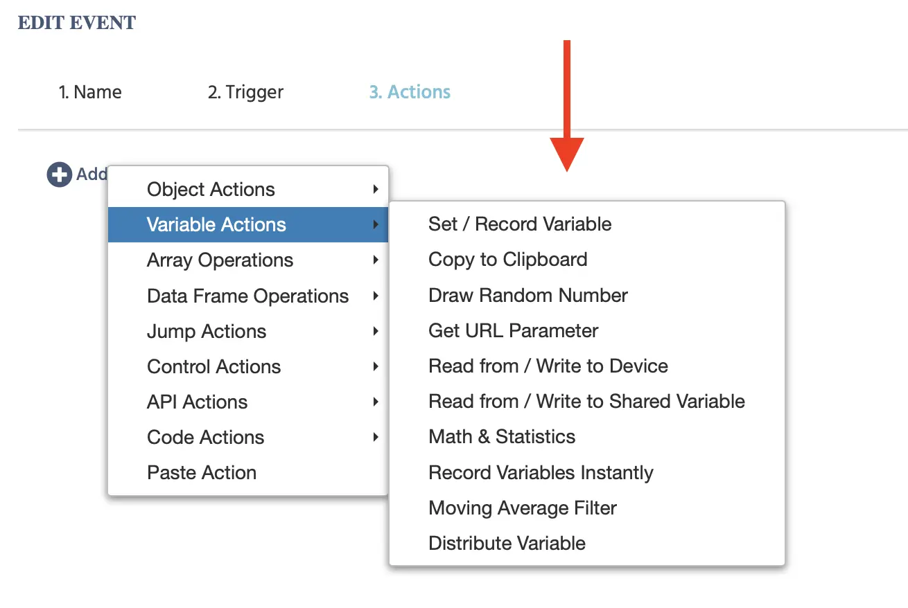 Ubicación de las acciones de variables en el sistema de eventos